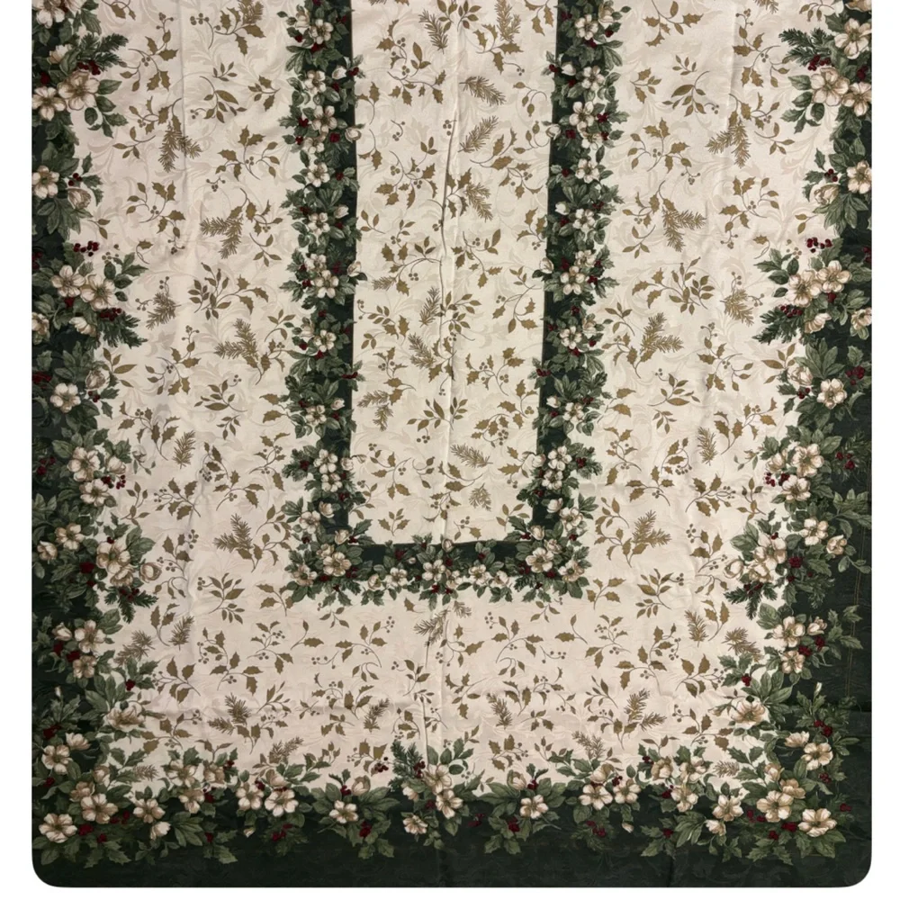 Vintage Table Cloth Luxury Holiday Christmas Floral Holly Ivory Cream Gold Green